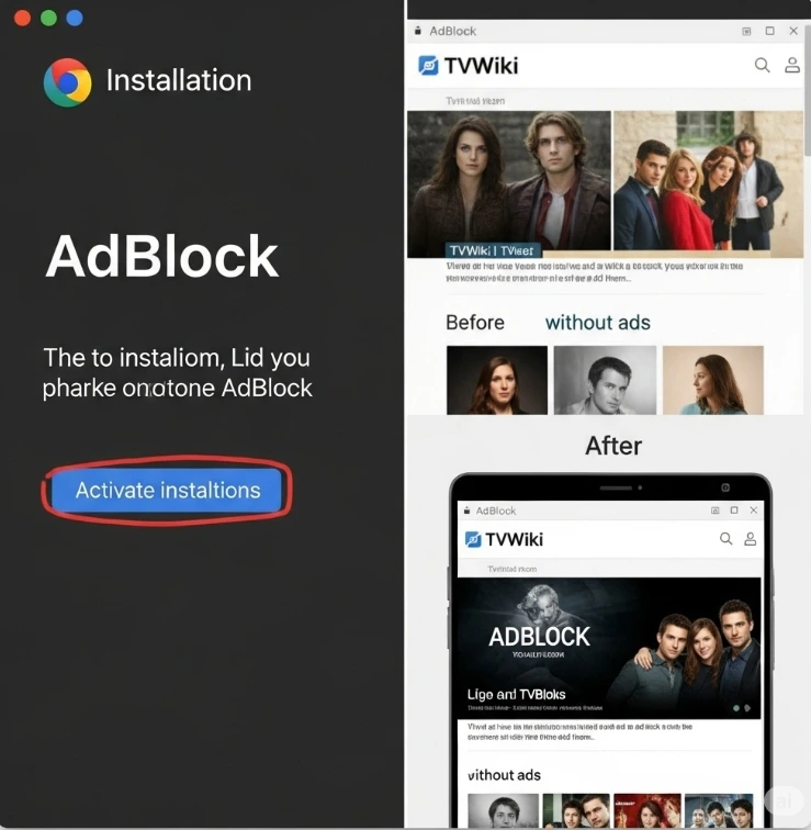AdBlock 설치 화면 또는 광고가 차단된 티비위키 페이지의 스크린샷 AdBlock 설치 화면 또는 광고가 차단된 티비위키 페이지의 스크린샷