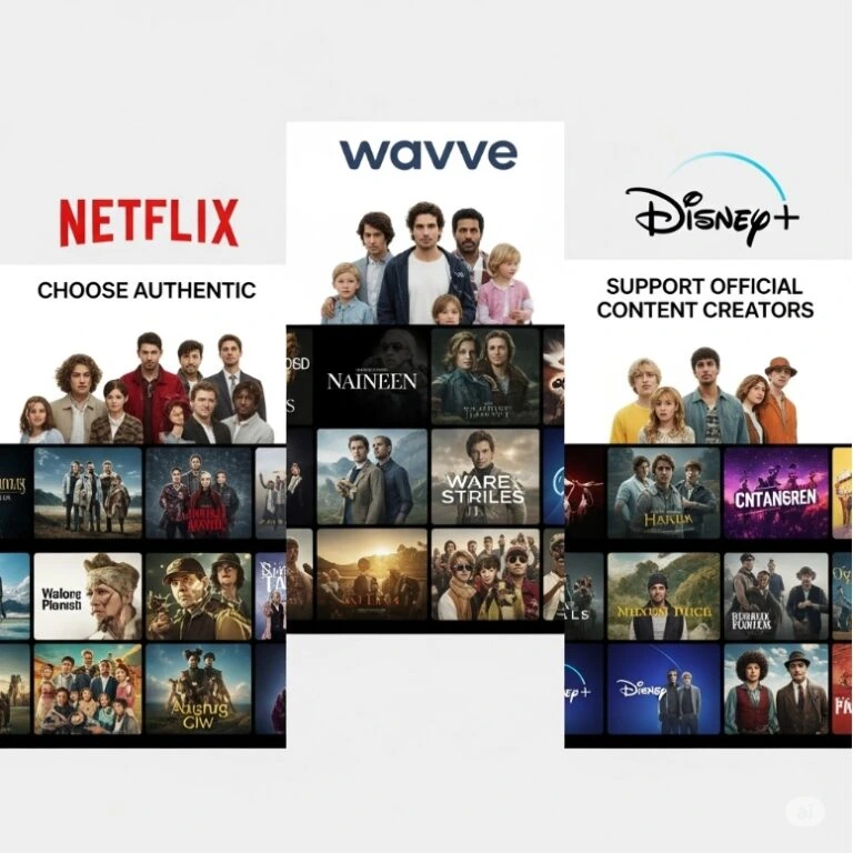 넷플릭스, 웨이브, 디즈니+ 로고와 함께 각 플랫폼의 대표 콘텐츠 썸네일이 포함된 이미지 넷플릭스, 웨이브, 디즈니+ 로고와 함께 각 플랫폼의 대표 콘텐츠 썸네일이 포함된 이미지