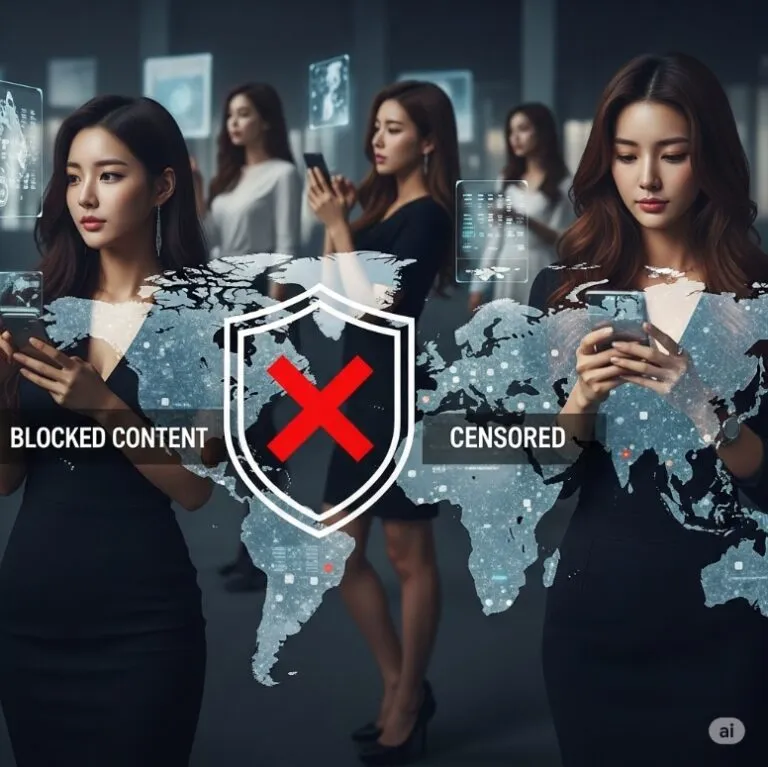 인터넷 검열을 상징하는 방패 아이콘과 해외 서버를 나타내는 글로벌 맵 인터넷 검열을 상징하는 방패 아이콘과 해외 서버를 나타내는 글로벌 맵