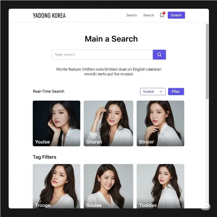 야동코리아의 검색 페이지, 실시간 검색어와 태그 필터가 강조된 화면 야동코리아의 검색 페이지, 실시간 검색어와 태그 필터가 강조된 화면