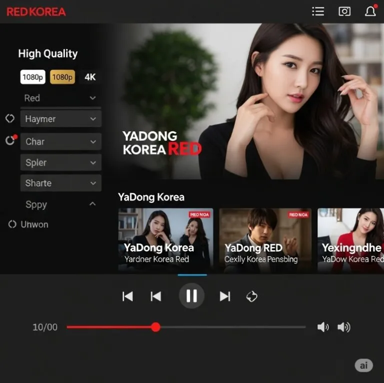 레드코리아의 스트리밍 플레이어 인터페이스. 고화질 옵션 선택 메뉴와 재생 컨트롤이 명확히 표시된 화면 레드코리아의 스트리밍 플레이어 인터페이스. 고화질 옵션 선택 메뉴와 재생 컨트롤이 명확히 표시된 화면