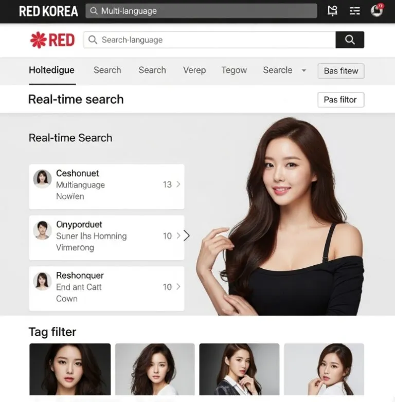 레드코리아의 검색 페이지. 실시간 검색어와 태그 필터가 강조된 화면. 레드코리아의 검색 페이지. 실시간 검색어와 태그 필터가 강조된 화면.