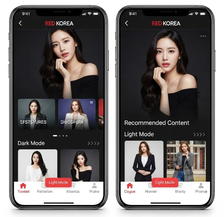 레드코리아 모바일 앱 인터페이스. 모바일 최적화된 간결한 디자인과 추천 콘텐츠 섹션이 강조된 화면. 레드코리아 모바일 앱 인터페이스. 모바일 최적화된 간결한 디자인과 추천 콘텐츠 섹션이 강조된 화면.