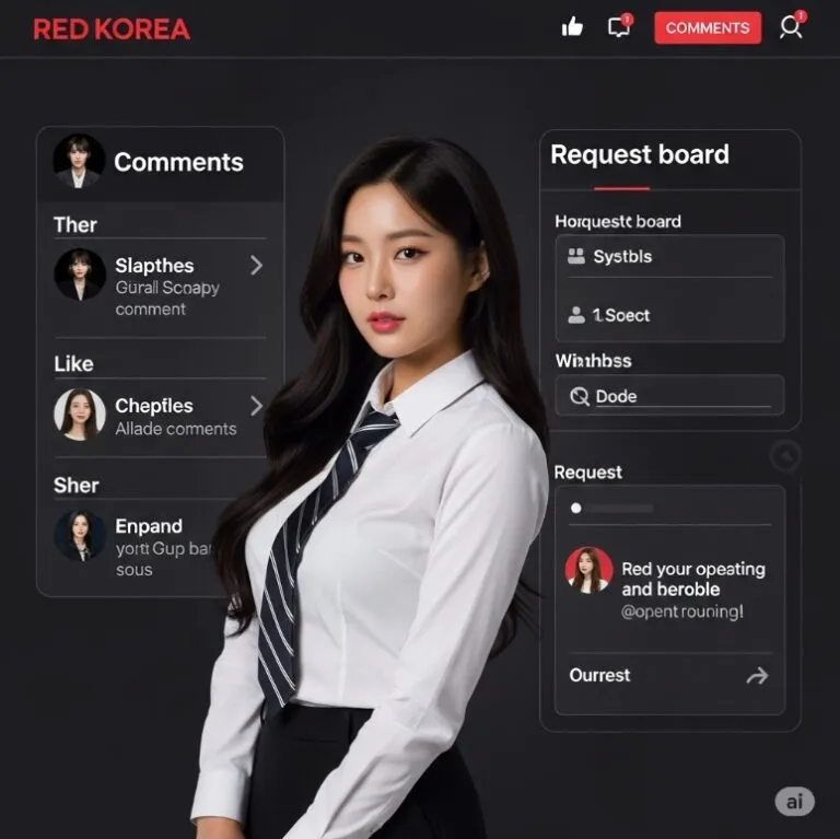 레드코리아 커뮤니티 페이지. 댓글, 좋아요, 신청 게시판 섹션이 강조된 화면. 레드코리아 커뮤니티 페이지. 댓글, 좋아요, 신청 게시판 섹션이 강조된 화면.