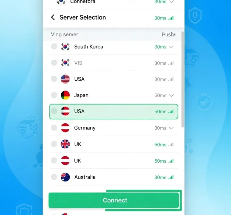 VPN 앱의 서버 선택 화면. VPN 앱의 서버 선택 화면.