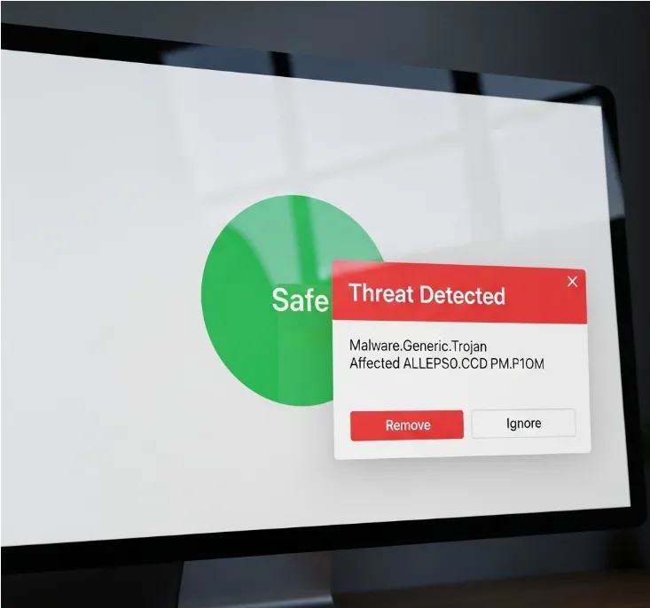 백신 소프트웨어가 악성코드를 탐지하는 화면. 백신 소프트웨어가 악성코드를 탐지하는 화면.