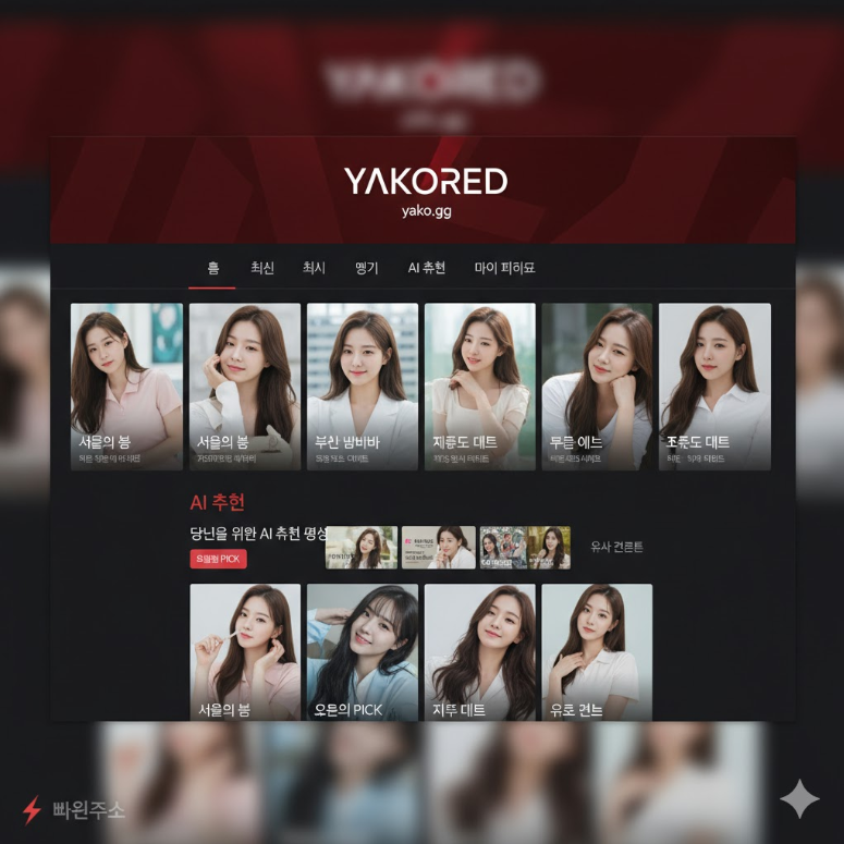 야코레드 메인 페이지 스크린샷. 2025년 yako.gg 도메인 기반의 붉은 테마 레이아웃. 야코레드 메인 페이지 스크린샷. 2025년 yako.gg 도메인 기반의 붉은 테마 레이아웃.