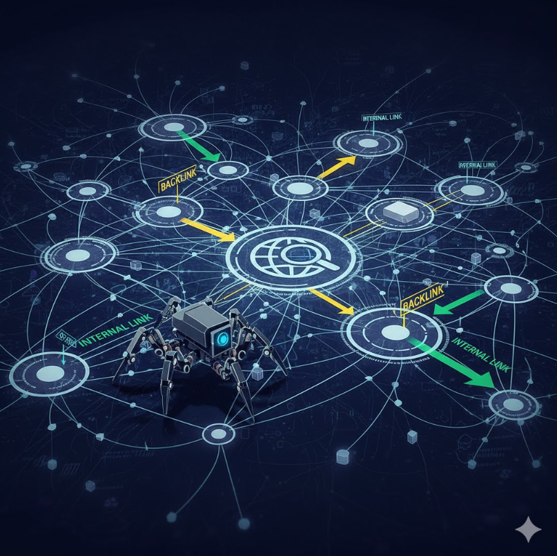 검색엔진 크롤러가 웹페이지를 탐색하는 모습을 시각화한 그래픽.