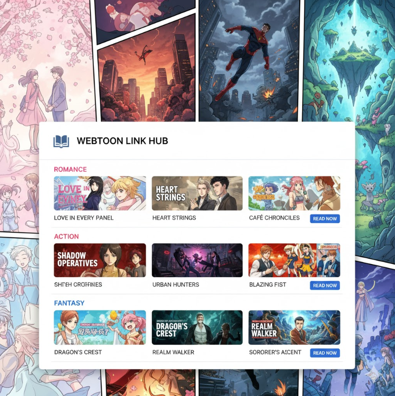 웹툰 링크모음 페이지의 UI를 상상한 이미지. 로맨스, 액션, 판타지 등 장르별로 정리된 썸네일과 링크 버튼이 포함된 컬러풀한 디자인.