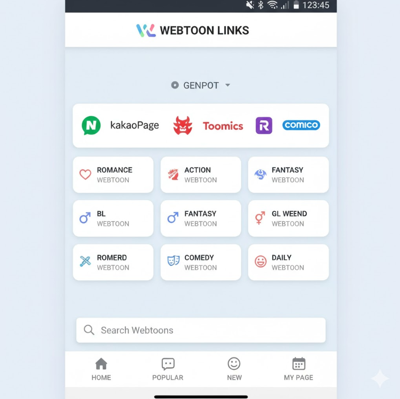 다양한 플랫폼 로고(네이버웹툰, 카카오페이지, 투믹스 등)와 장르별 카테고리(로맨스 웹툰, 액션 웹툰, 판타지 웹툰 등)가 깔끔하게 정리된 인터페이스.