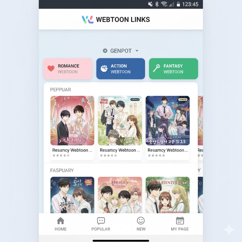 웹툰 링크모음 사이트의 장르별 카테고리 페이지를 보여주는 이미지.