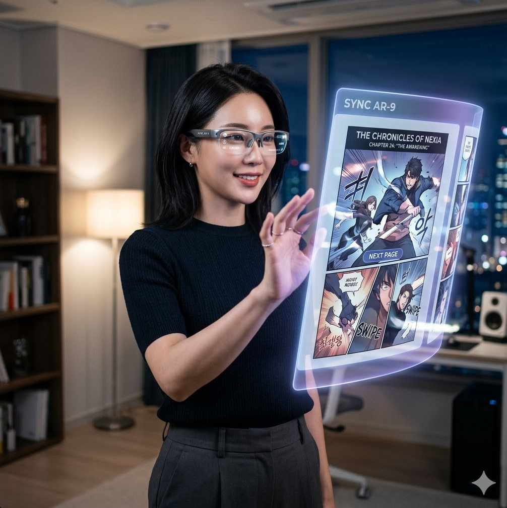 미래형 스마트 안경을 쓰고 공중에 띄워진 가상 웹툰 캔버스를 손으로 넘기며 시청하는 모습의 테크니컬 