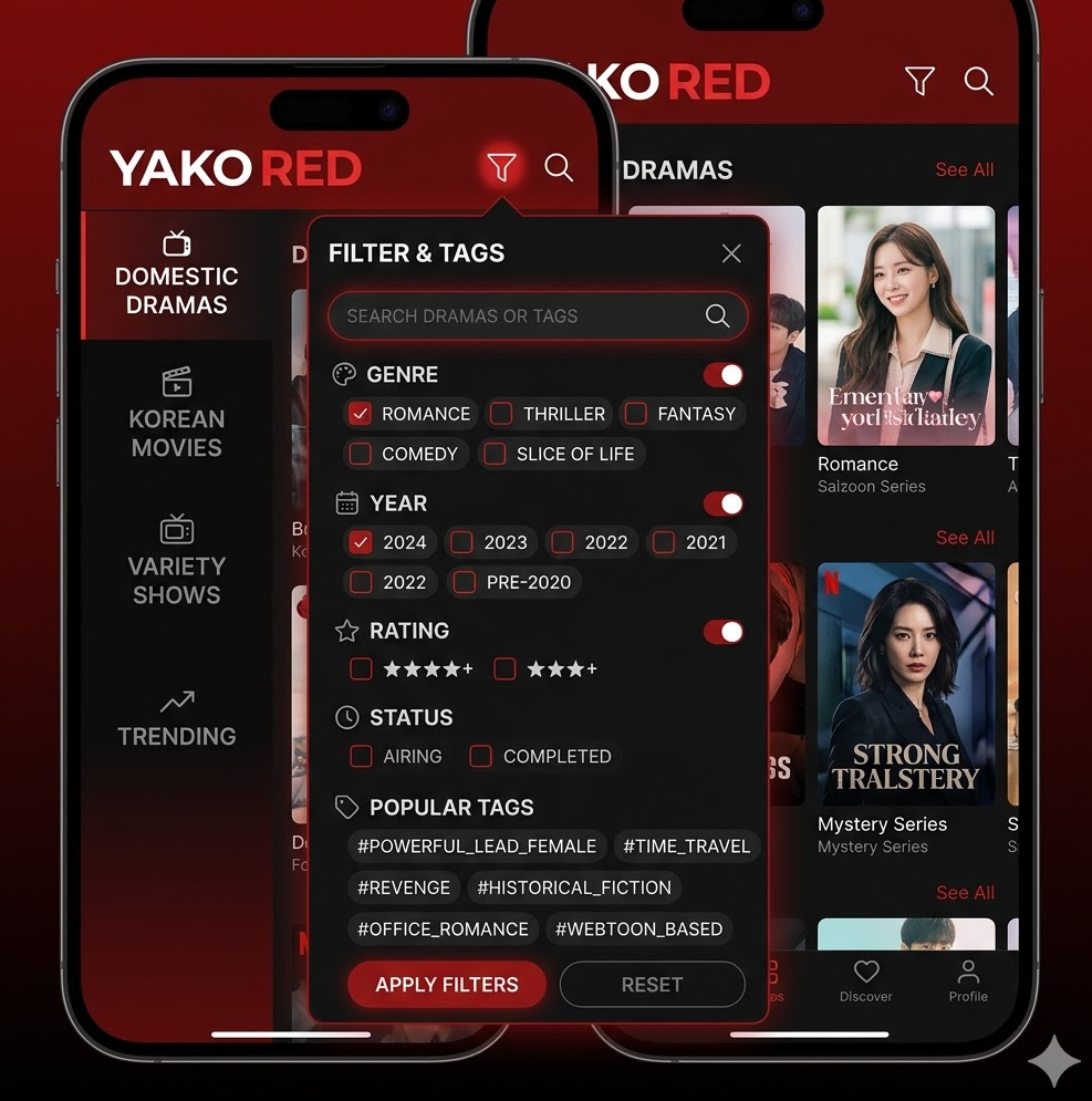 필터·태그 메뉴 스크린샷, 국내 테마 목록과 세부 옵션이 펼쳐진 검색 화면 필터·태그 메뉴 스크린샷, 국내 테마 목록과 세부 옵션이 펼쳐진 검색 화면