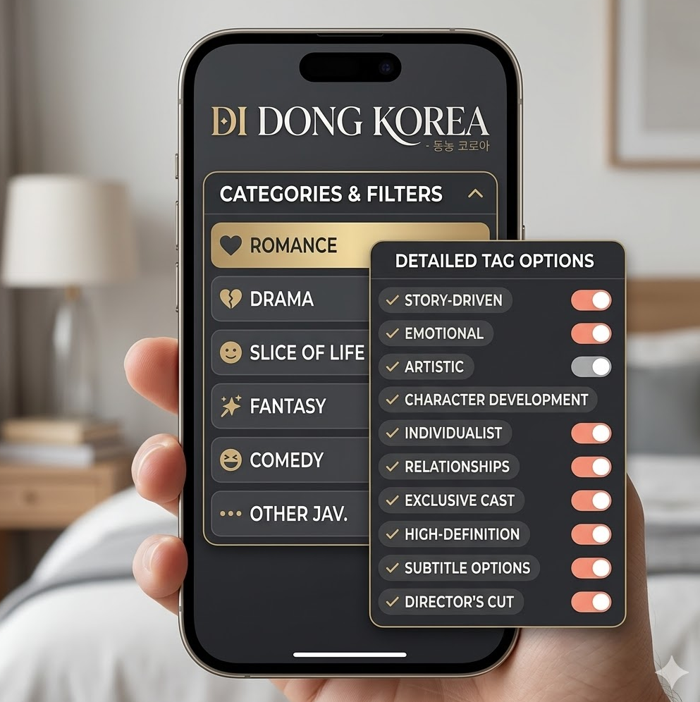 카테고리·필터 메뉴 스크린샷, 장르 목록과 세부 태그 옵션이 펼쳐진 화면 카테고리·필터 메뉴 스크린샷, 장르 목록과 세부 태그 옵션이 펼쳐진 화면